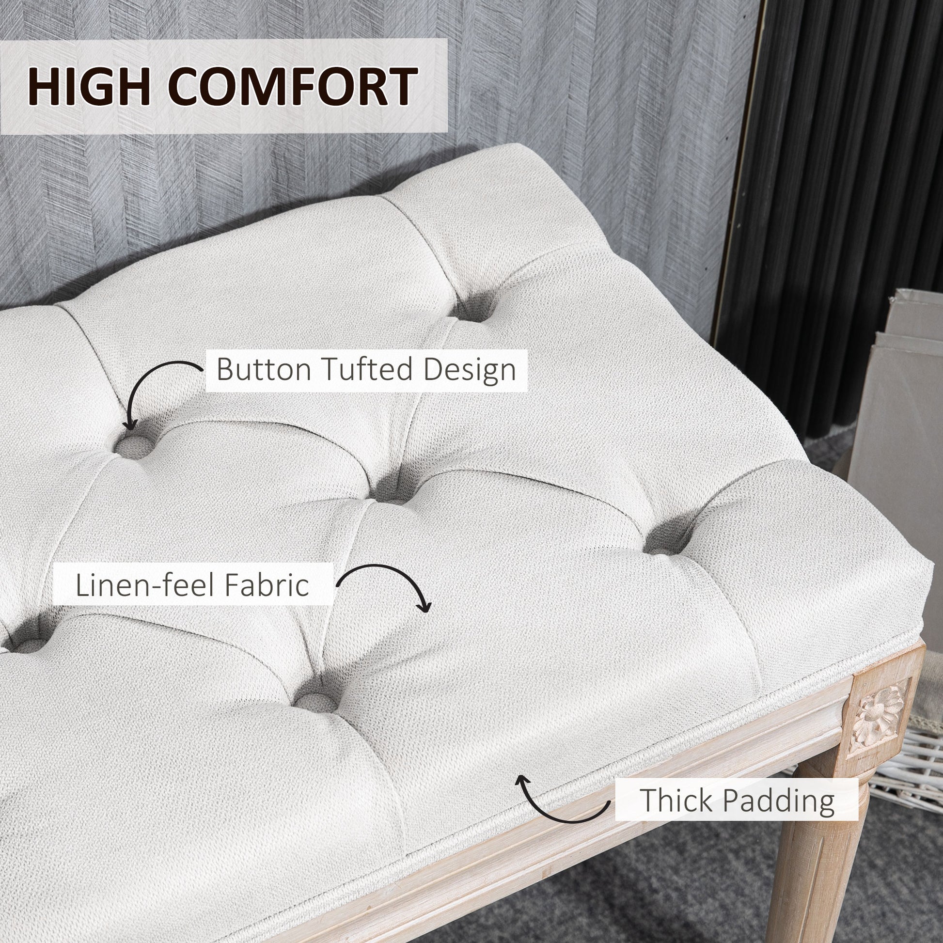 White upholstered accent bench with button tufting and linenfeel fabric