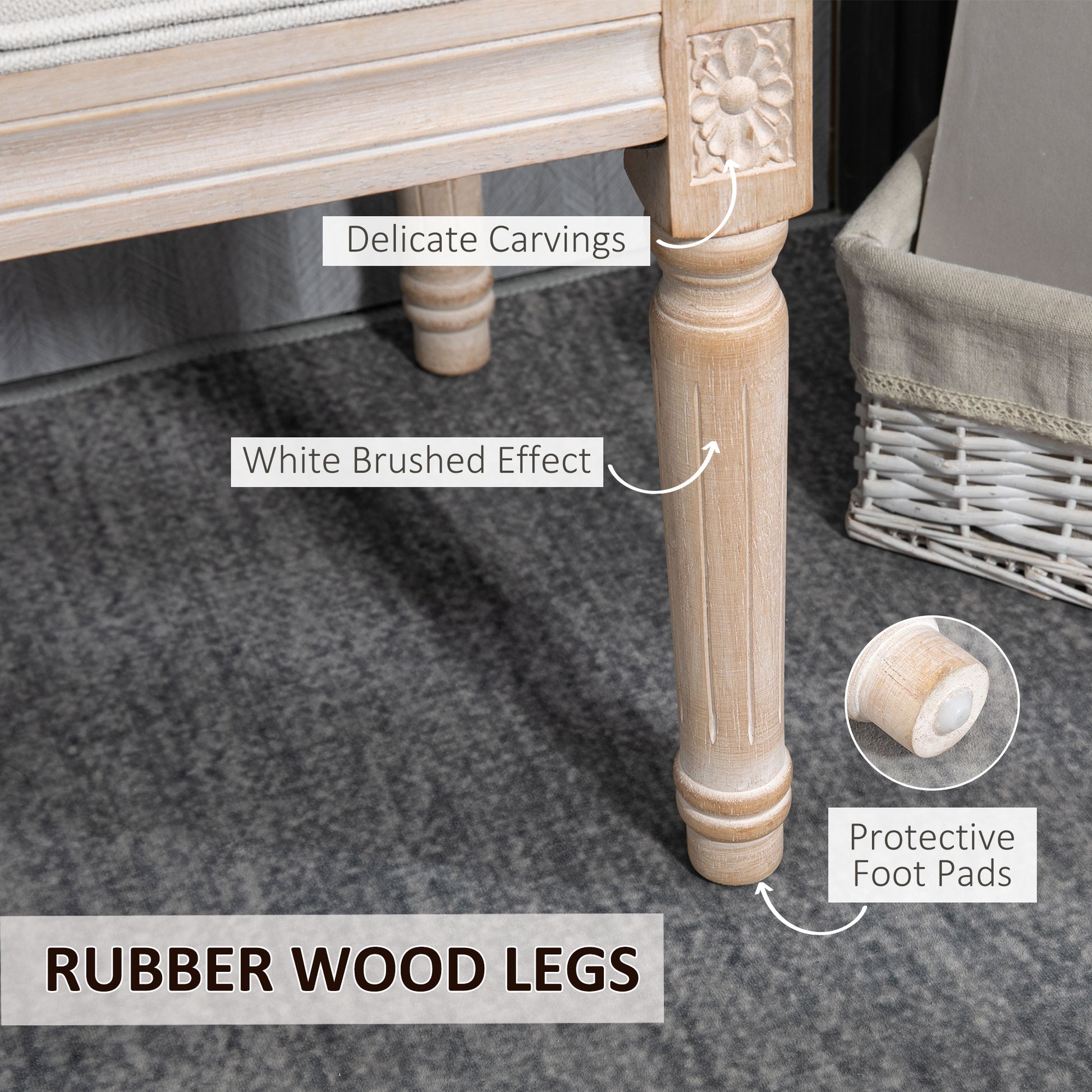 Rubber wood legs with white brushed effect and delicate carvings