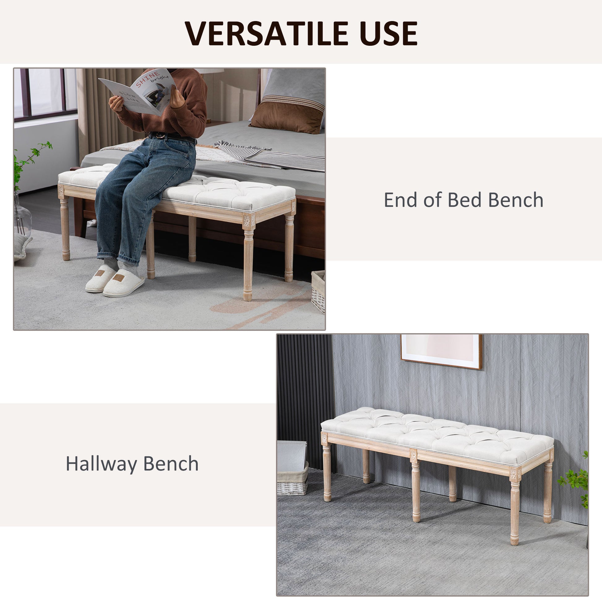 Tufted linen end of bed bench with ornate wooden legs