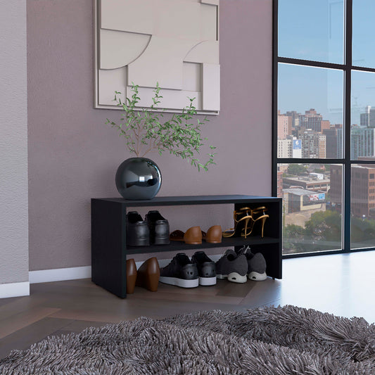 Black modern shoe rack with two shelves holding various shoes