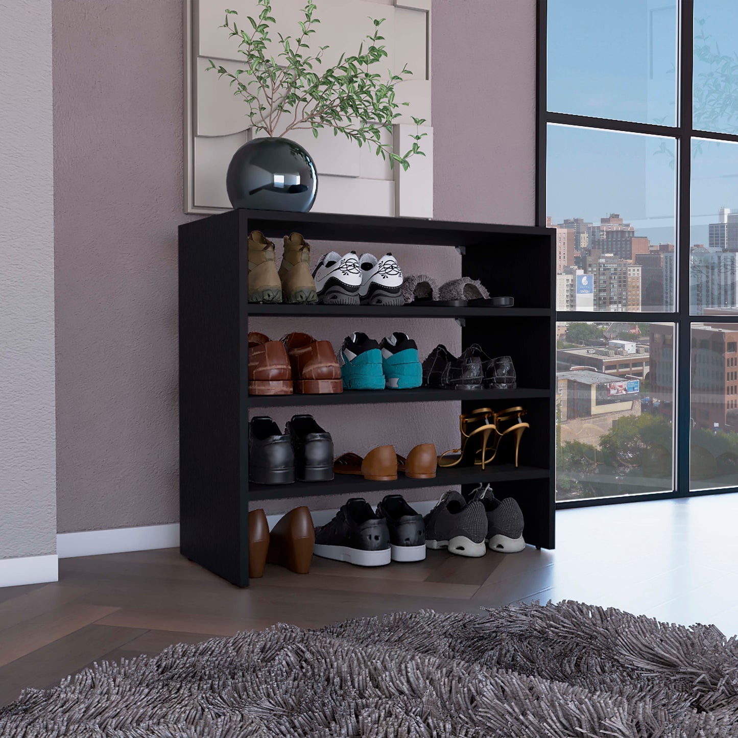 Black tier shoe rack with various footwear