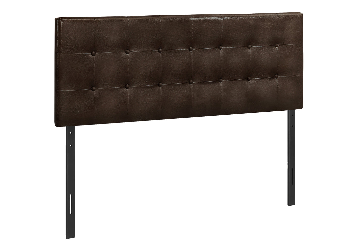 Tufted dark brown faux leather headboard with black metal frame