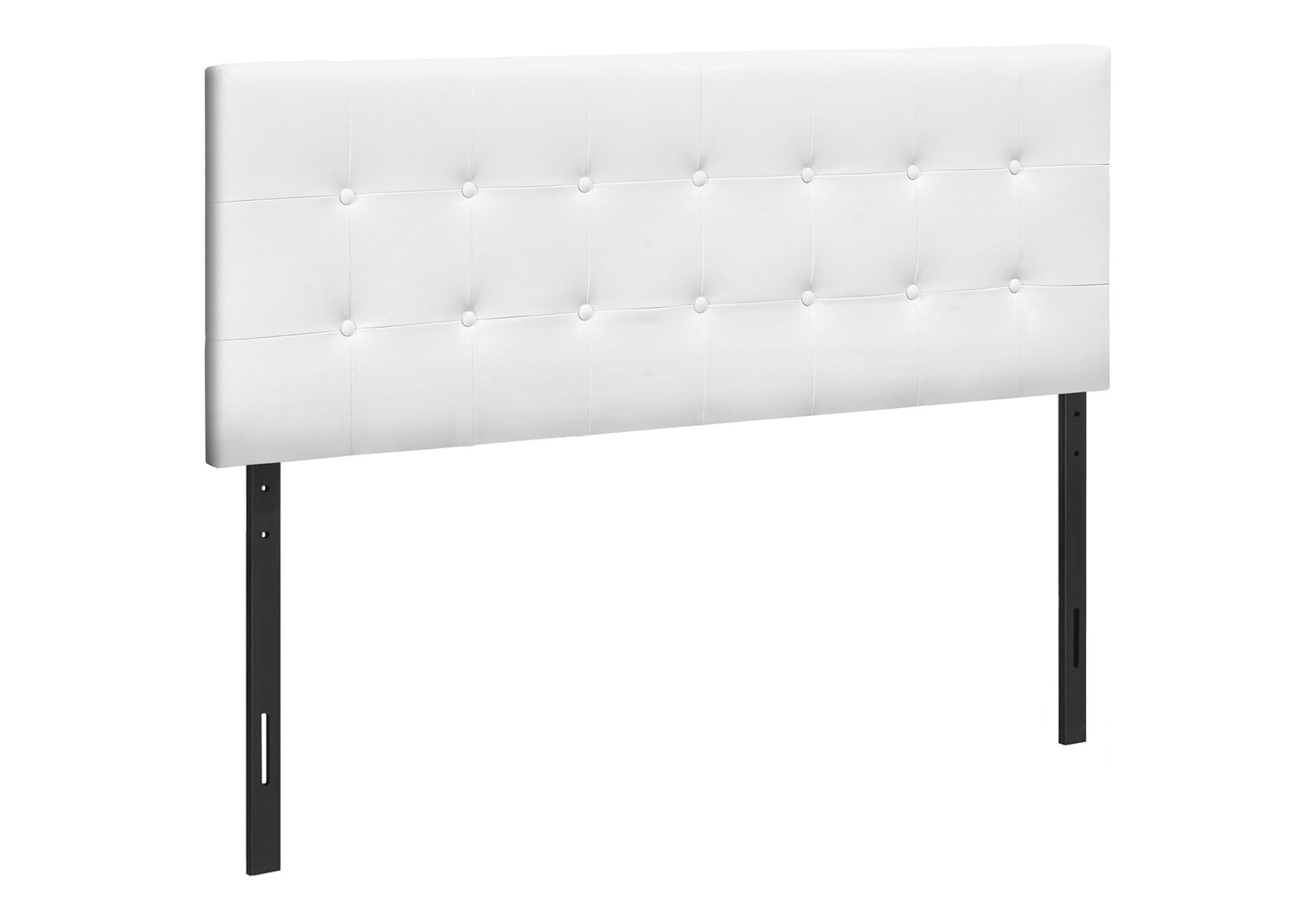 White faux leather tufted headboard with black metal frame queen size
