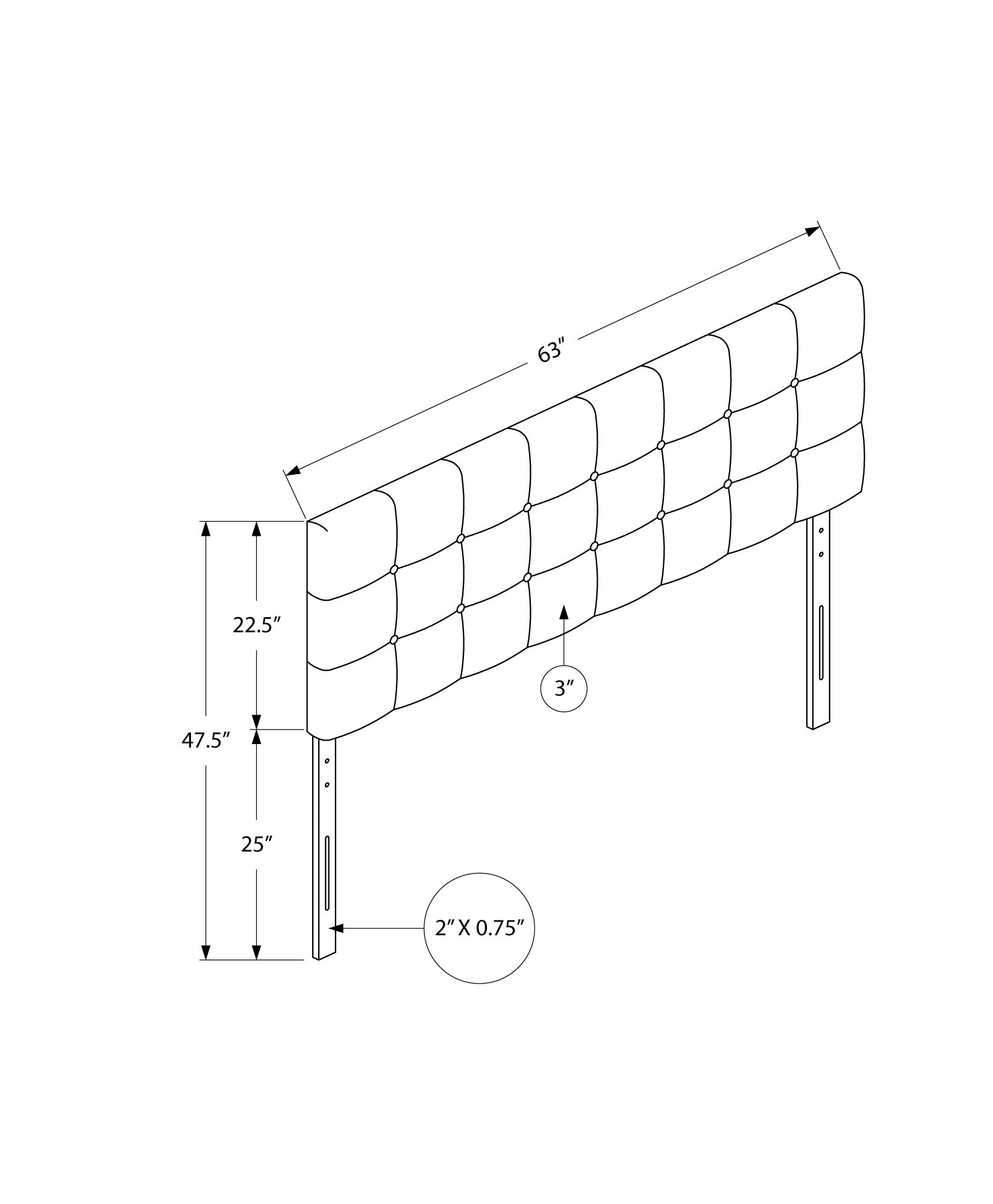 Tufted headboard diagram showing inch width and inch height
