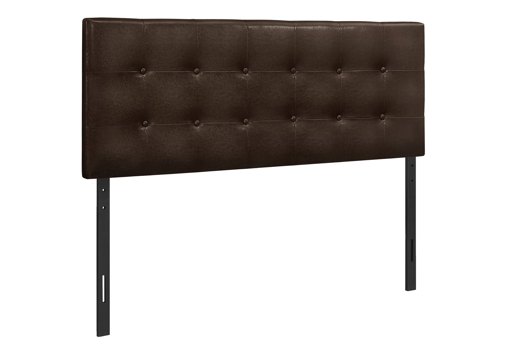 Dark brown faux leather tufted headboard with adjustable metal bed frame supports
