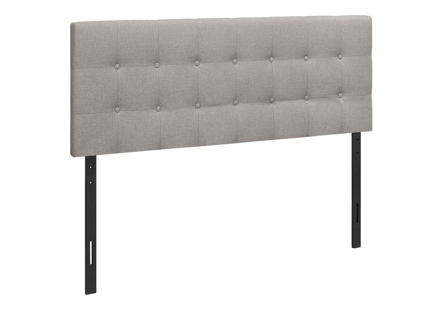 Tufted gray fabric headboard with adjustable metal legs for a queen size bed