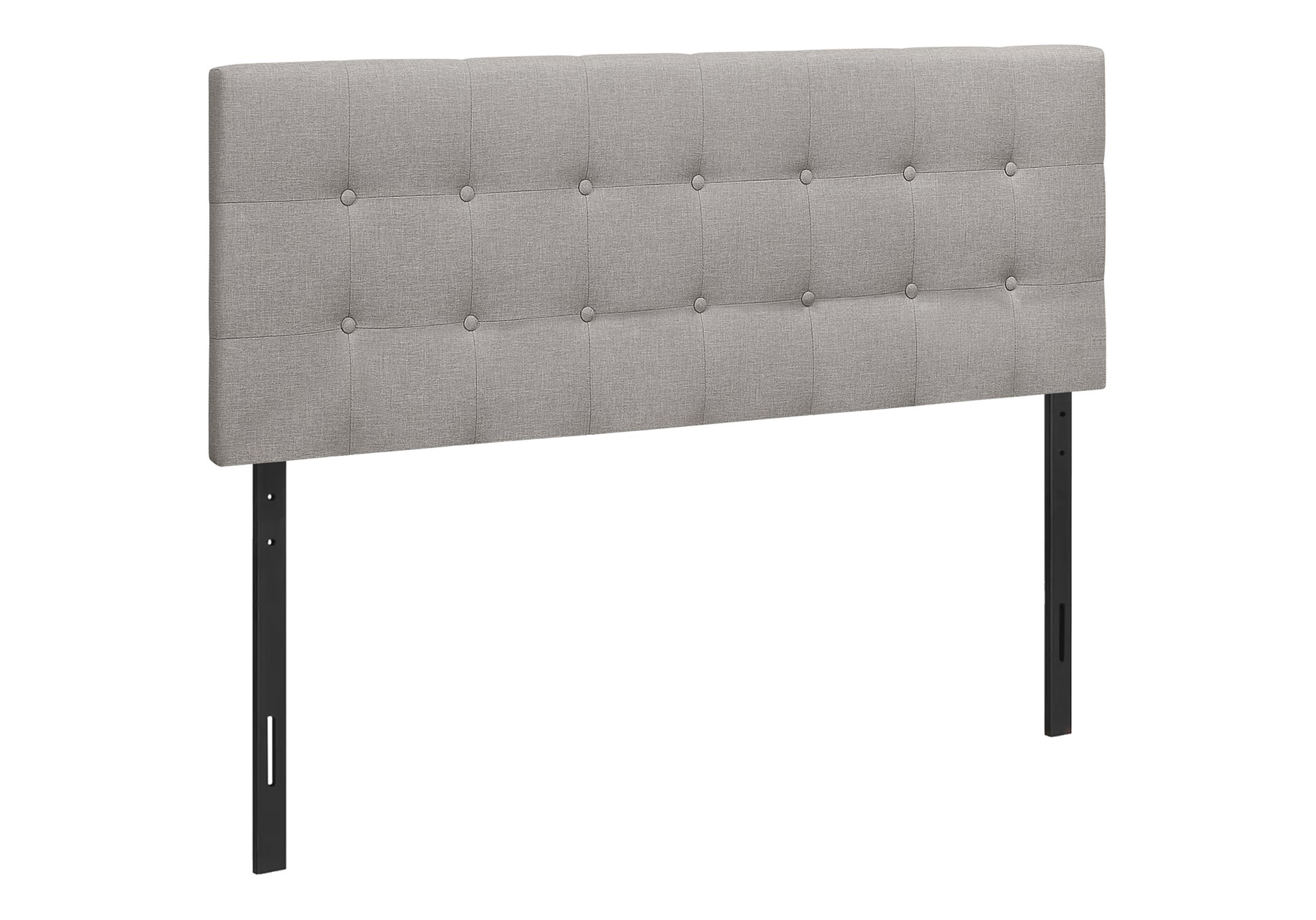 Tufted gray fabric headboard with adjustable metal legs for a queen size bed