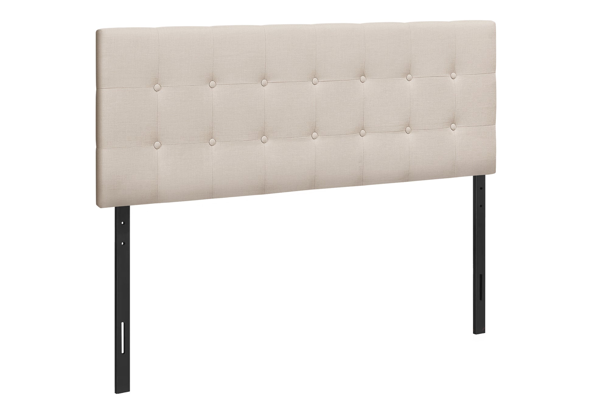 Tufted beige fabric headboard with black metal legs a modern bedroom accent