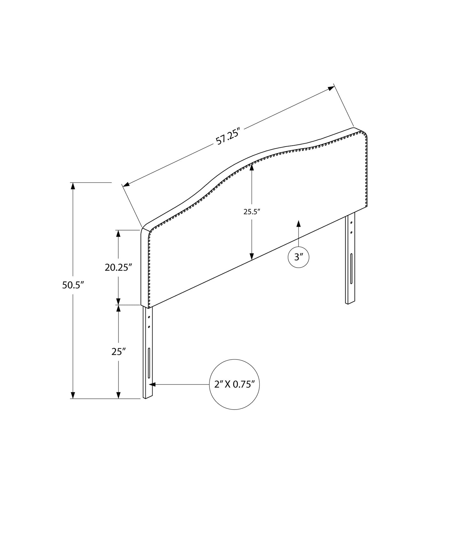 Diagram of a king size headboard with studded trim  inches wide