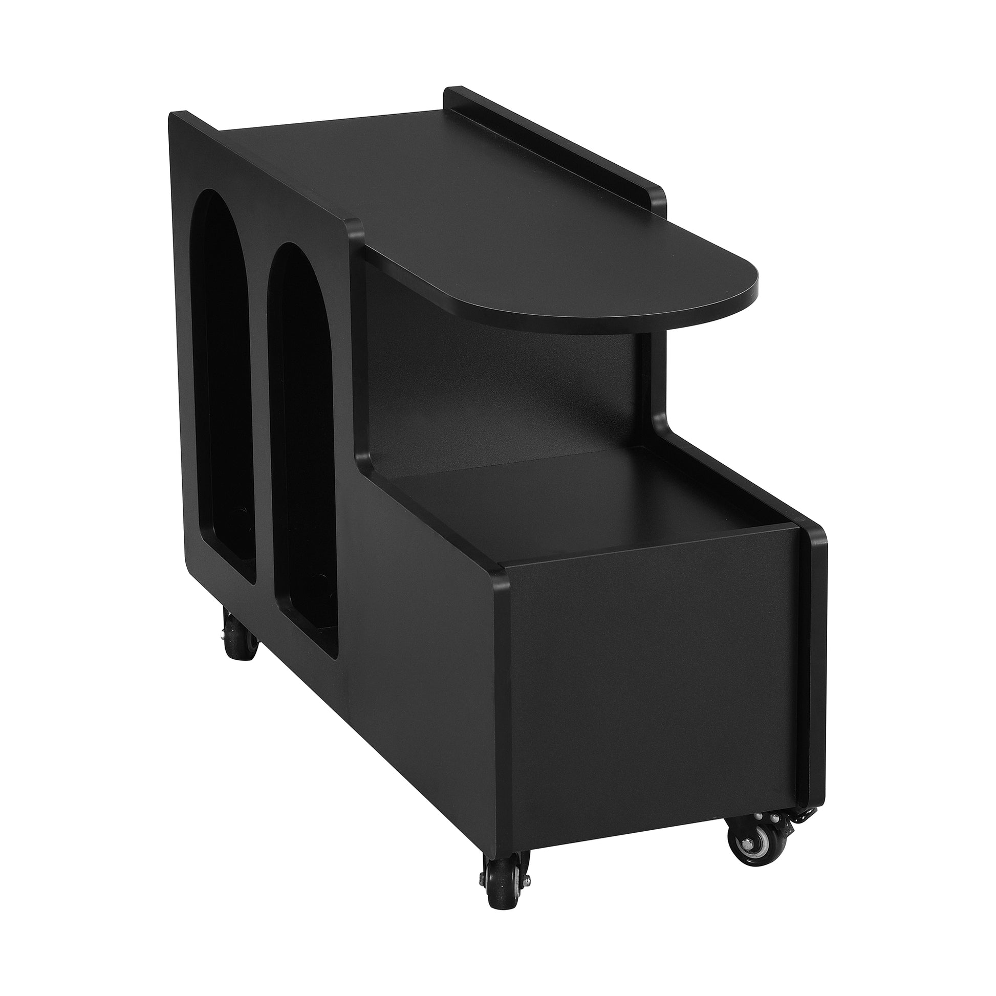 Black modern accent table with wheels and storage compartments