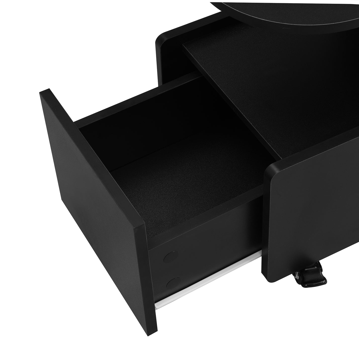 Open black wood drawer with smooth slide mechanism and textured interior
