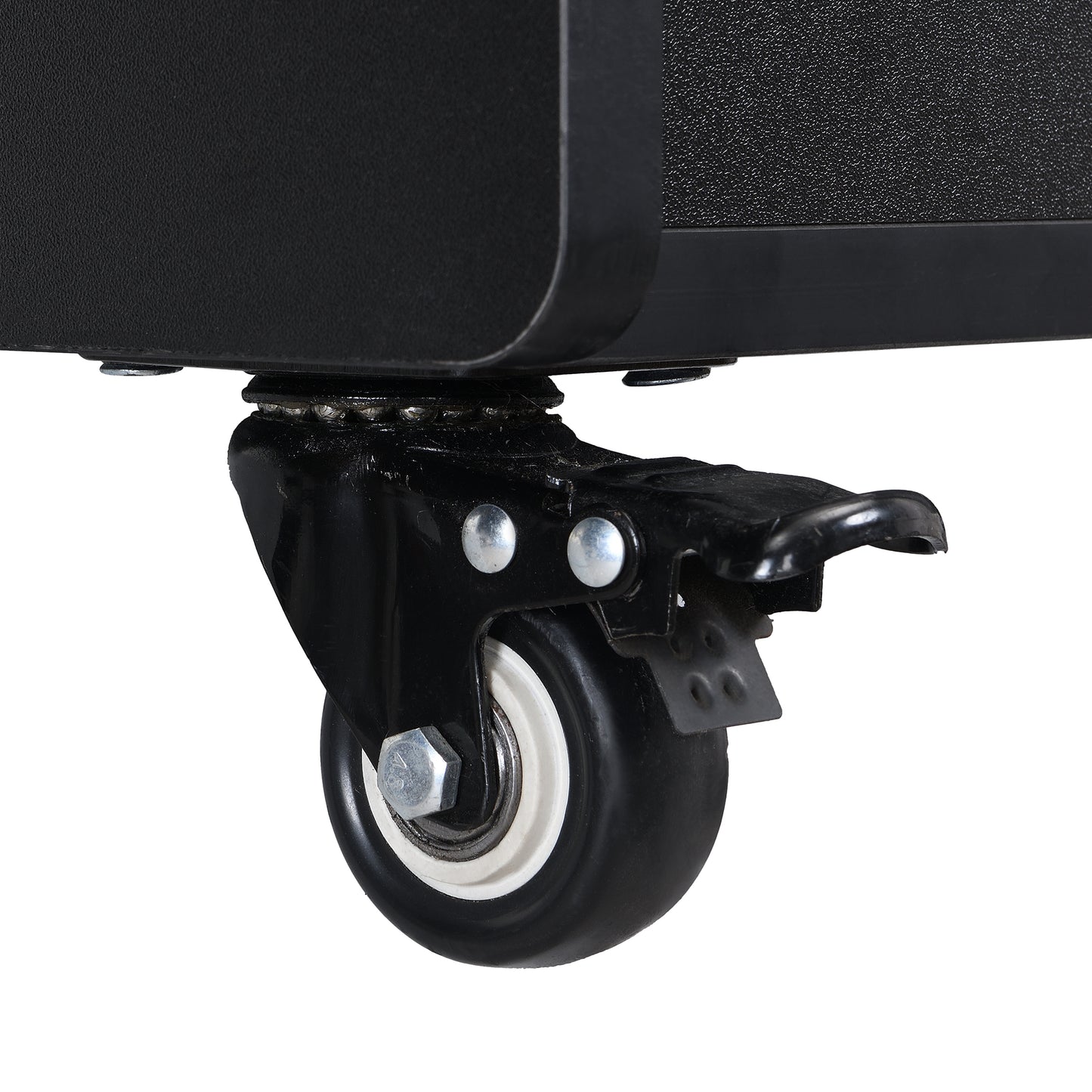 Black swivel caster wheel with white rim attached to a black textured surface