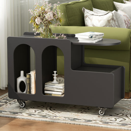 Modern black side table with arched compartments and casters
