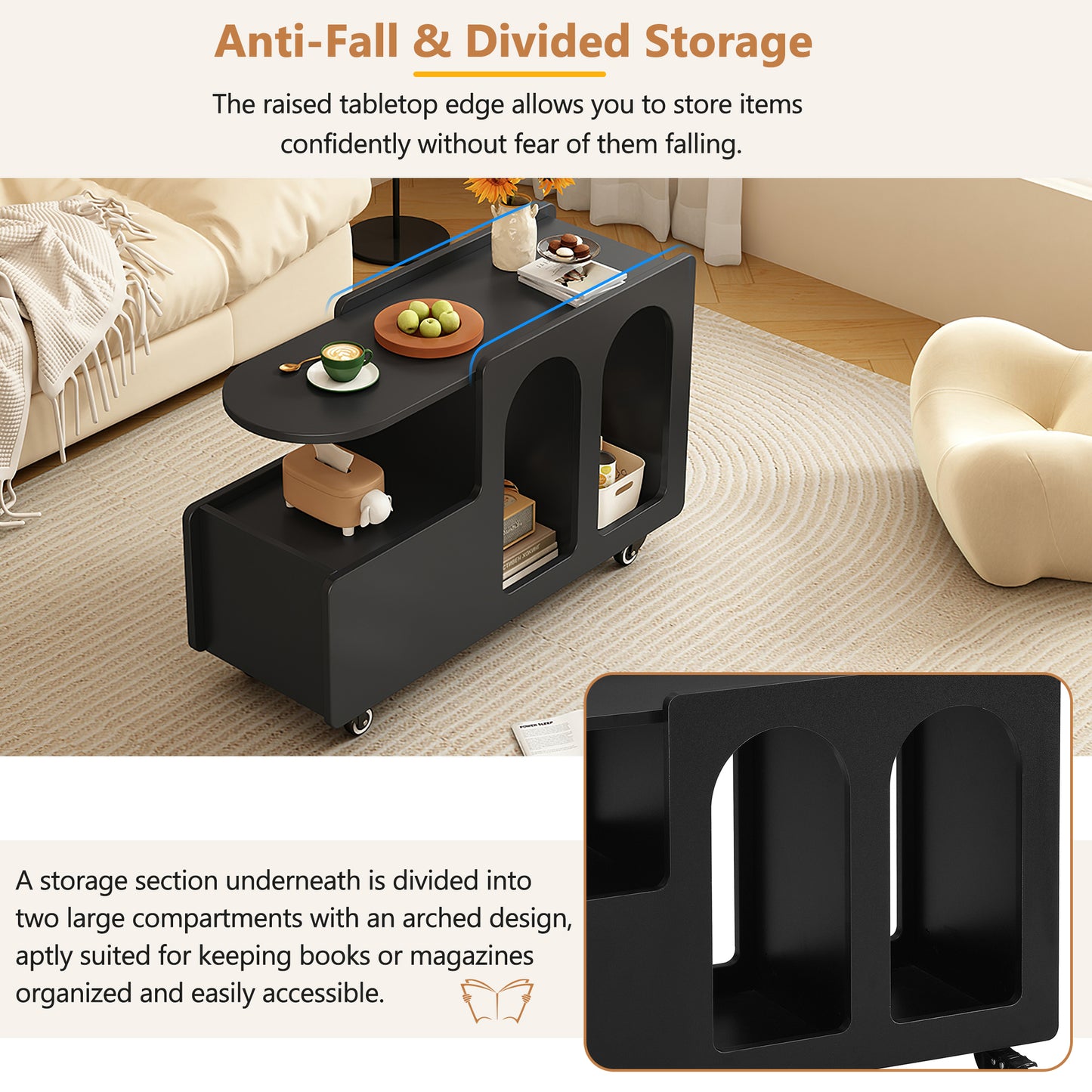Black modern coffee table with rounded edges and builtin storage compartments