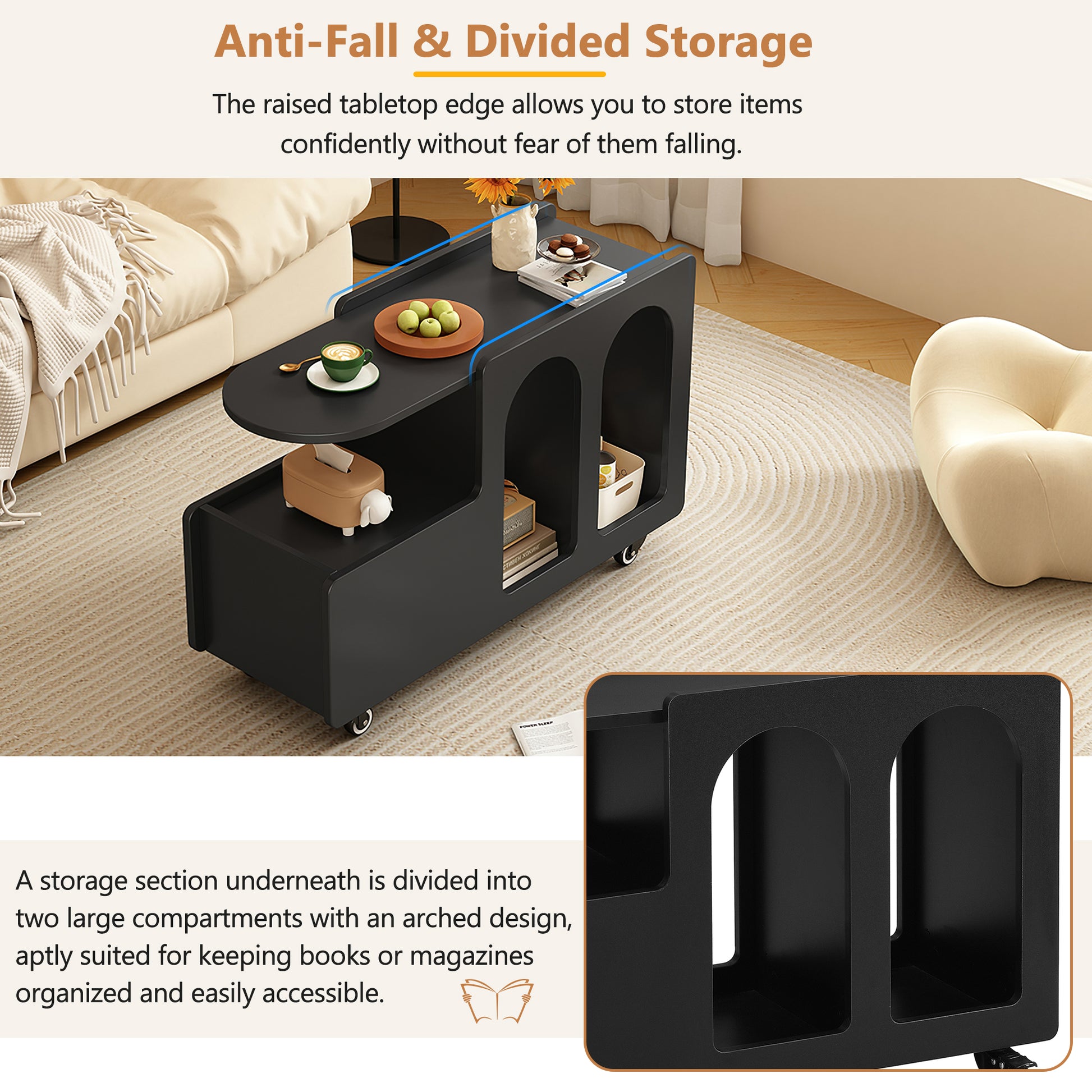 Black modern coffee table with rounded edges and builtin storage compartments