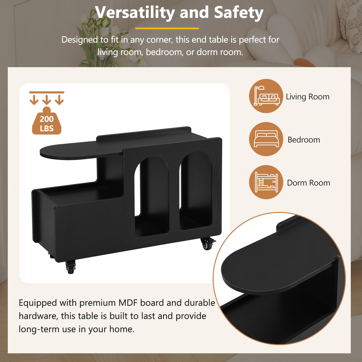 Black modern end table with rounded edges and two open compartments on wheels