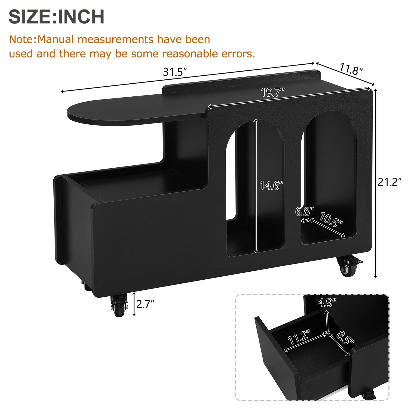 Black metal rolling side table with drawer and two open compartments  L x  W x  H