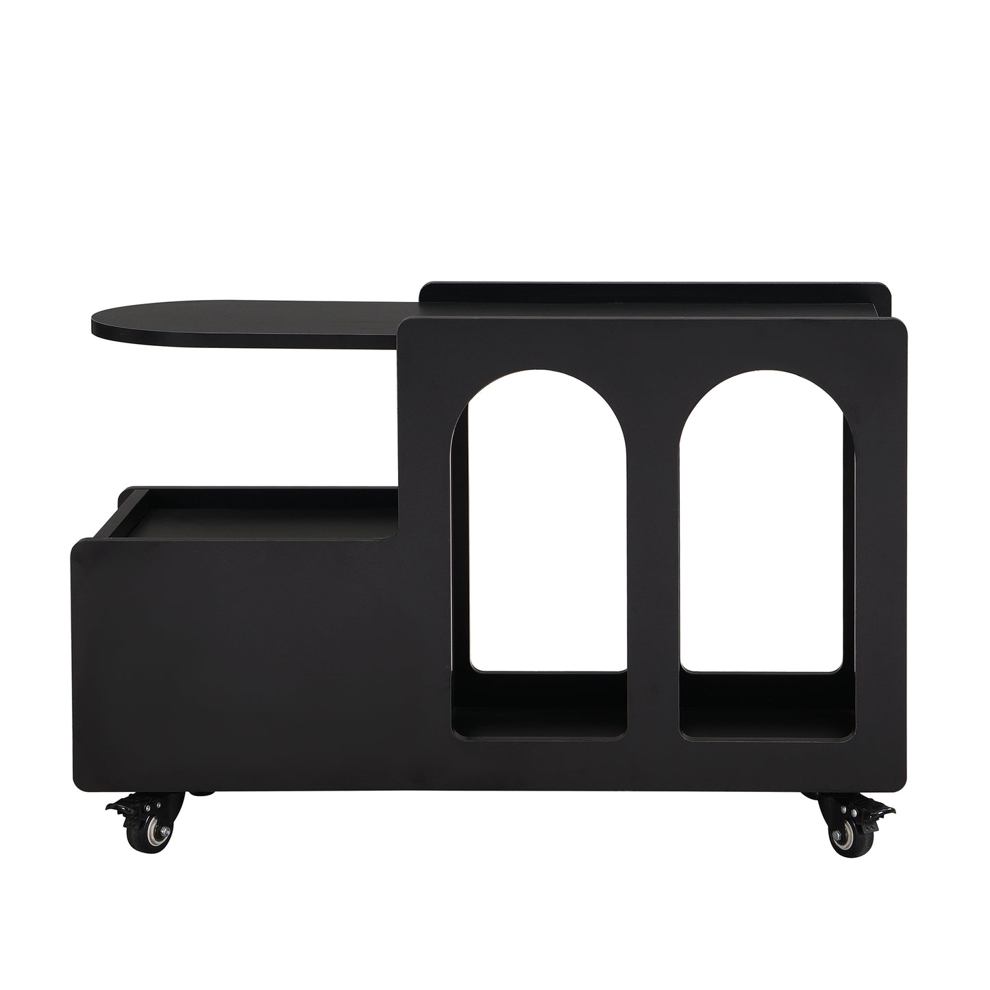 Sleek black metal bar cart with rounded edges and two archshaped compartments