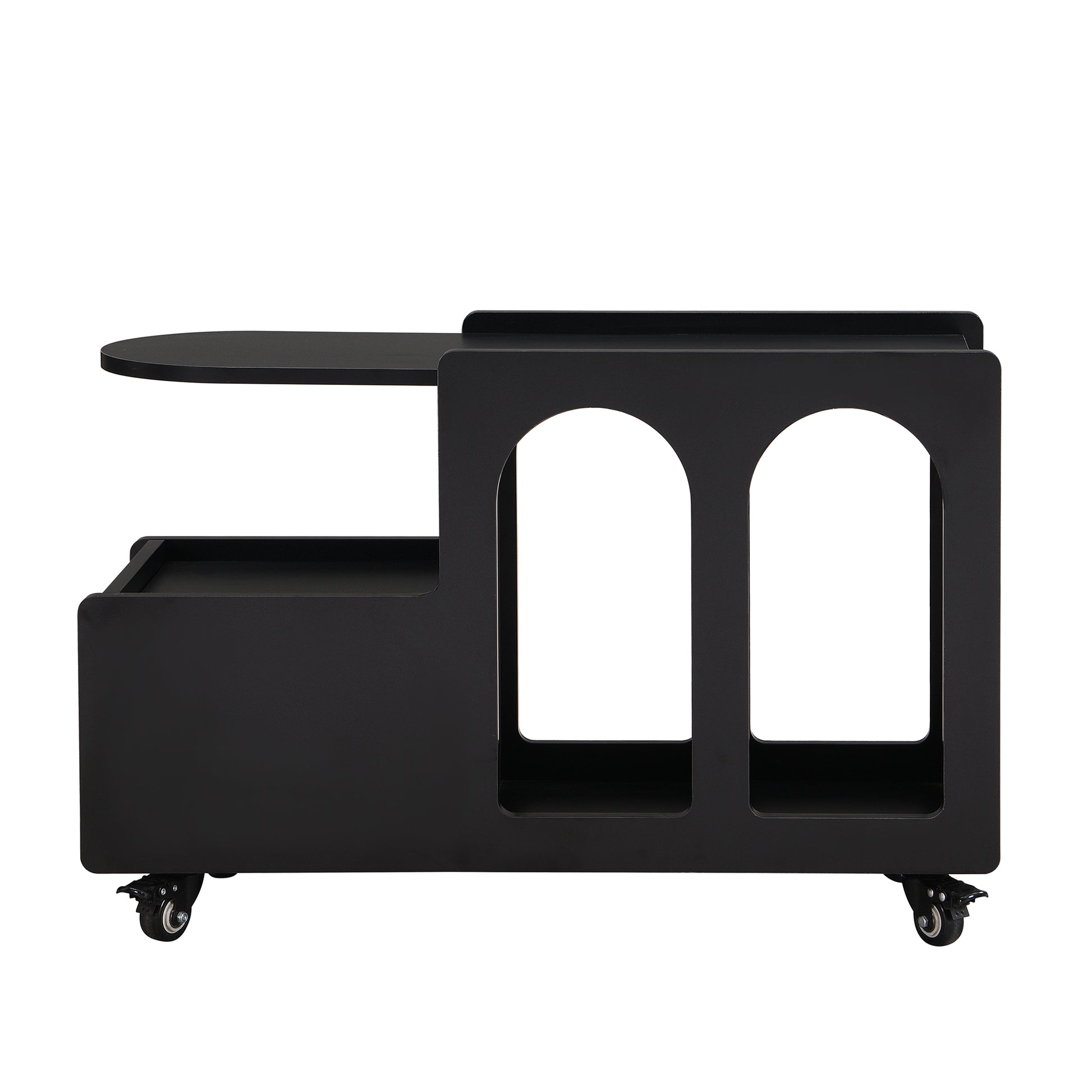 Sleek black metal bar cart with rounded edges and two archshaped compartments