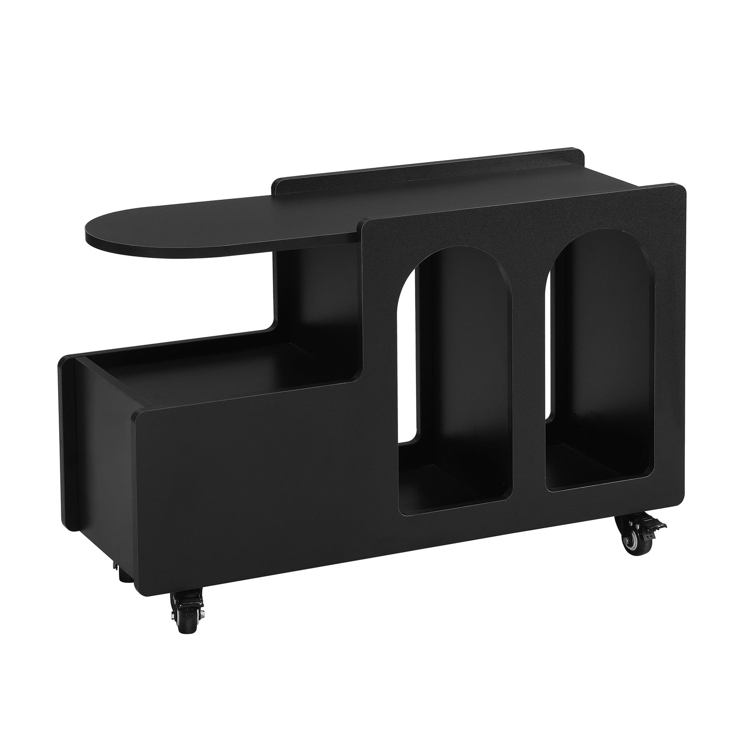 Sleek black metal end table with casters featuring an open shelving unit