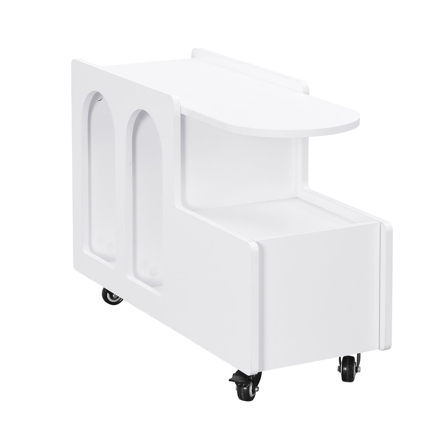 Modern white rolling ctable with arched side details and curved top surface