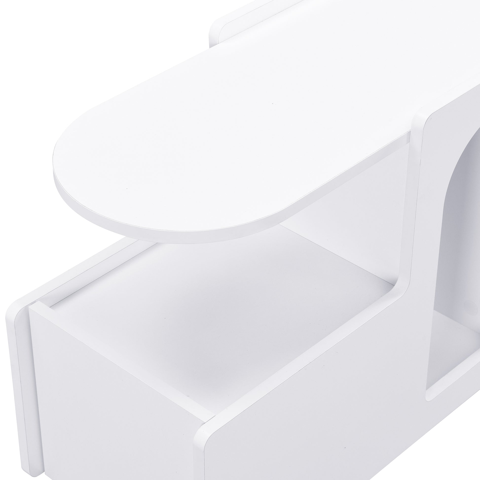 Modern white bedside table with rounded edges perfect for small spaces