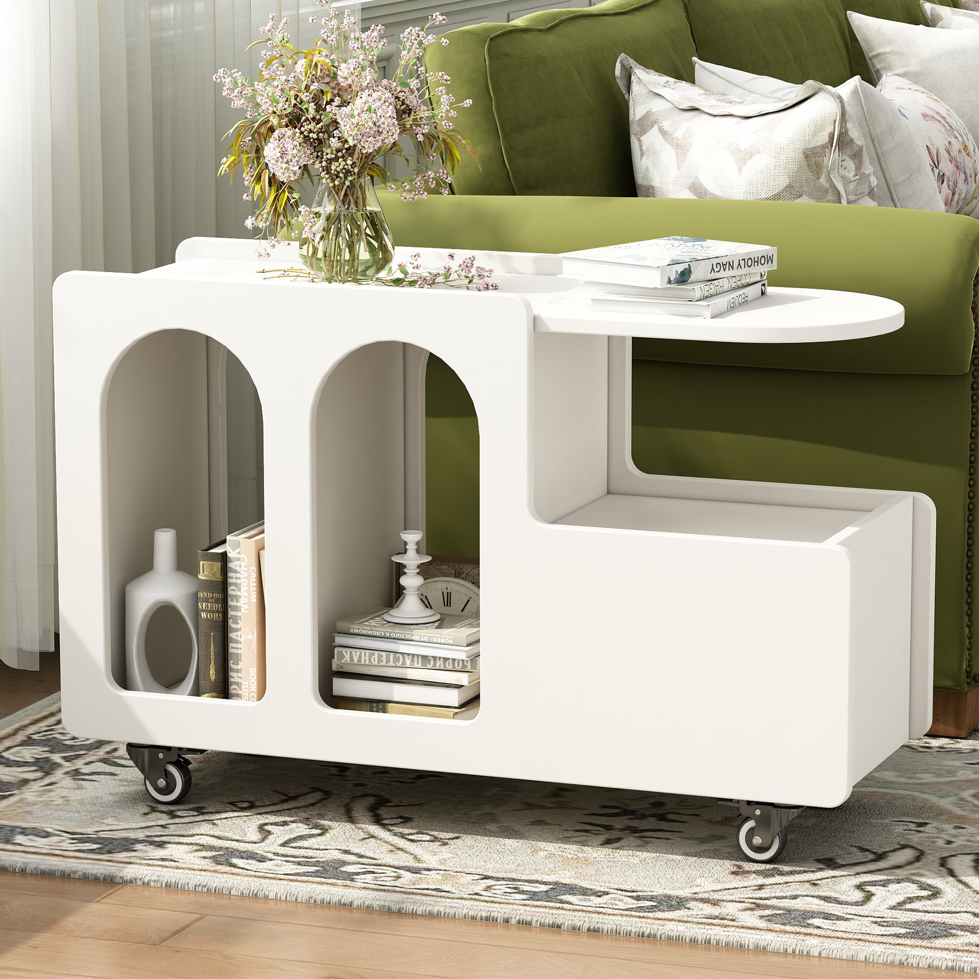 Modern white side table with arched compartments and wheels for easy mobility