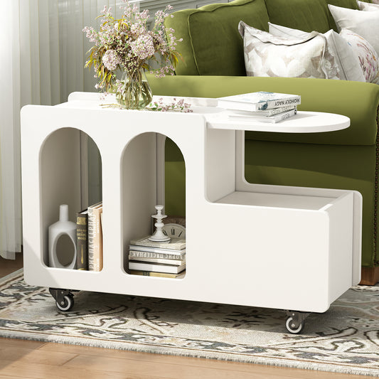 Modern white side table with arched compartments and wheels for easy mobility
