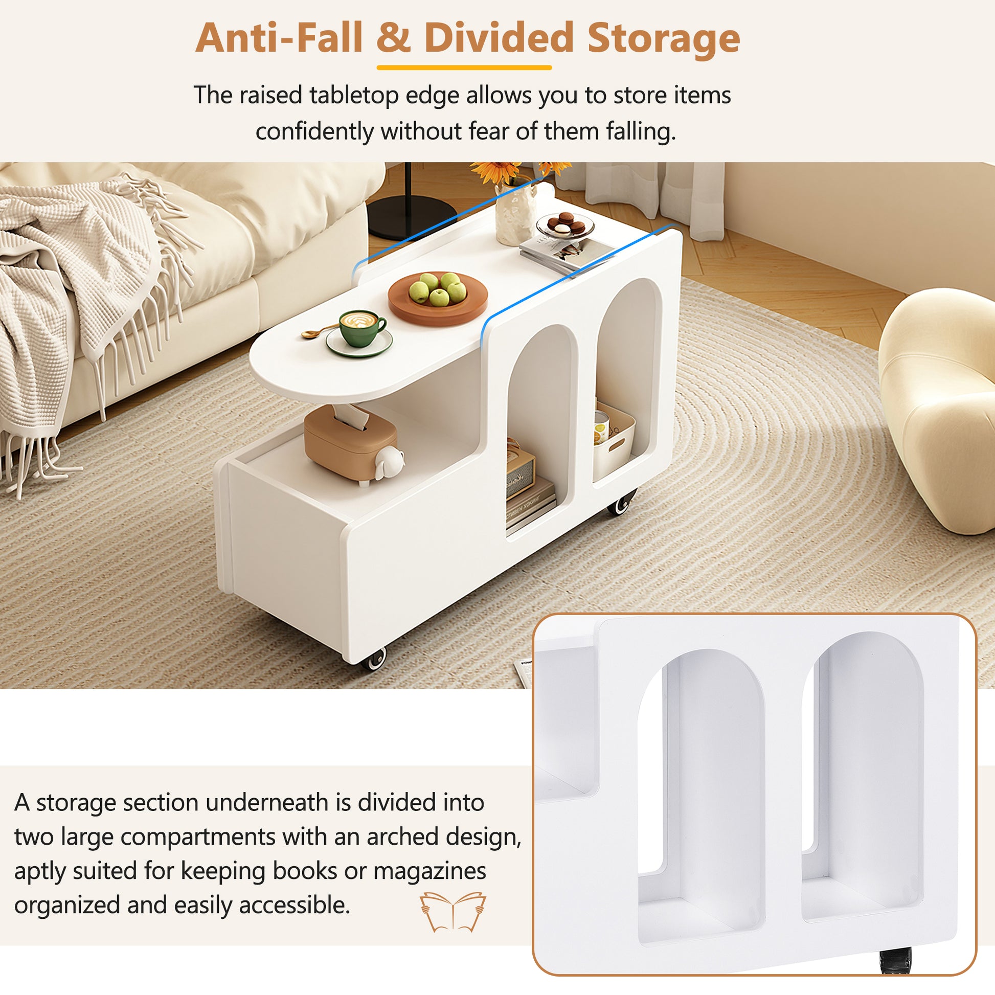 White rolling coffee table with raised edge and tissue box