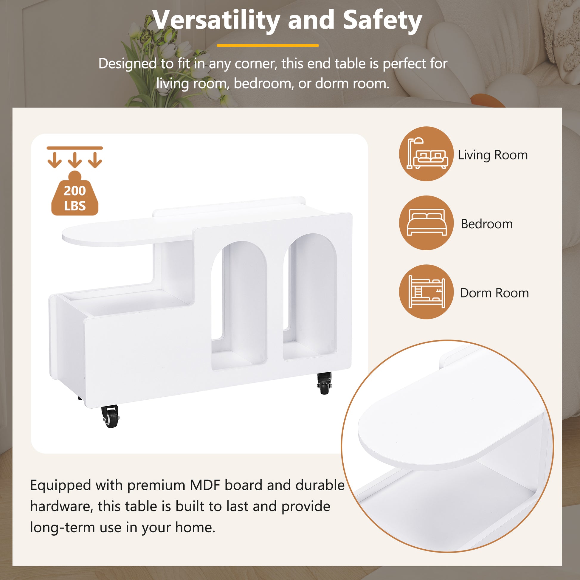 White modern end table with casters  lb capacity