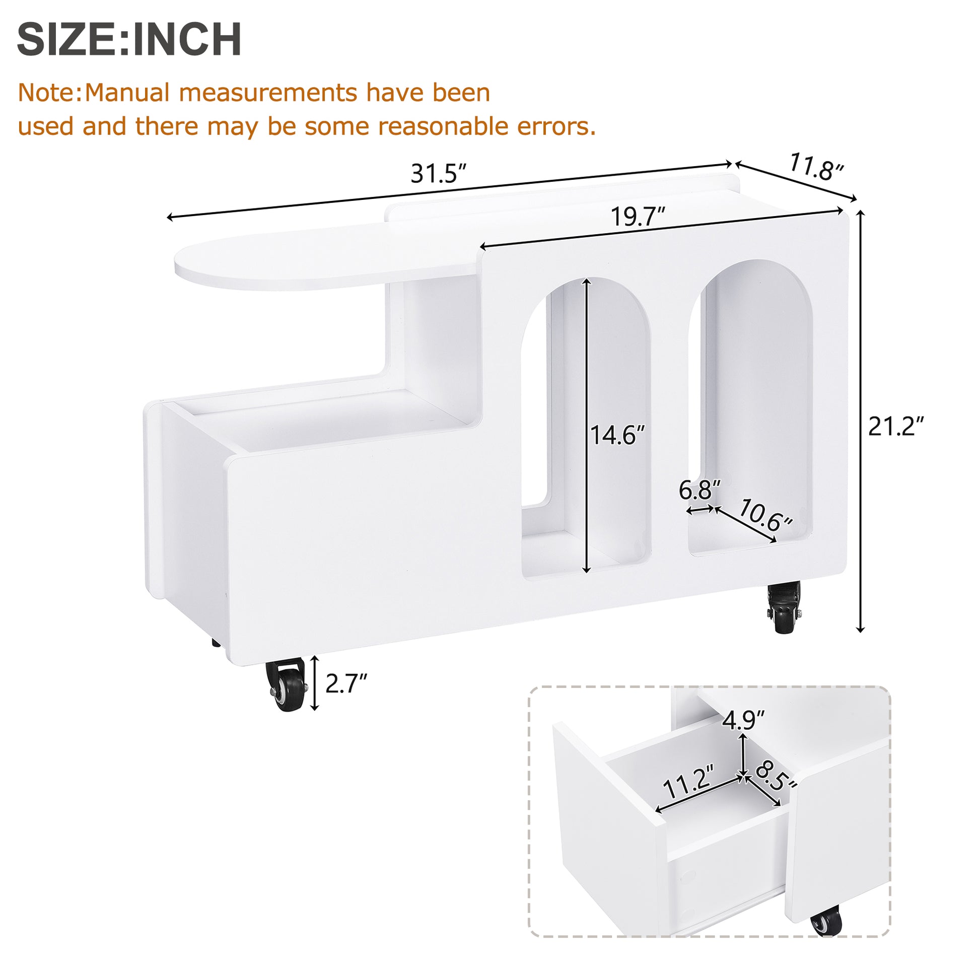 White rolling side table with open shelves and drawer  W