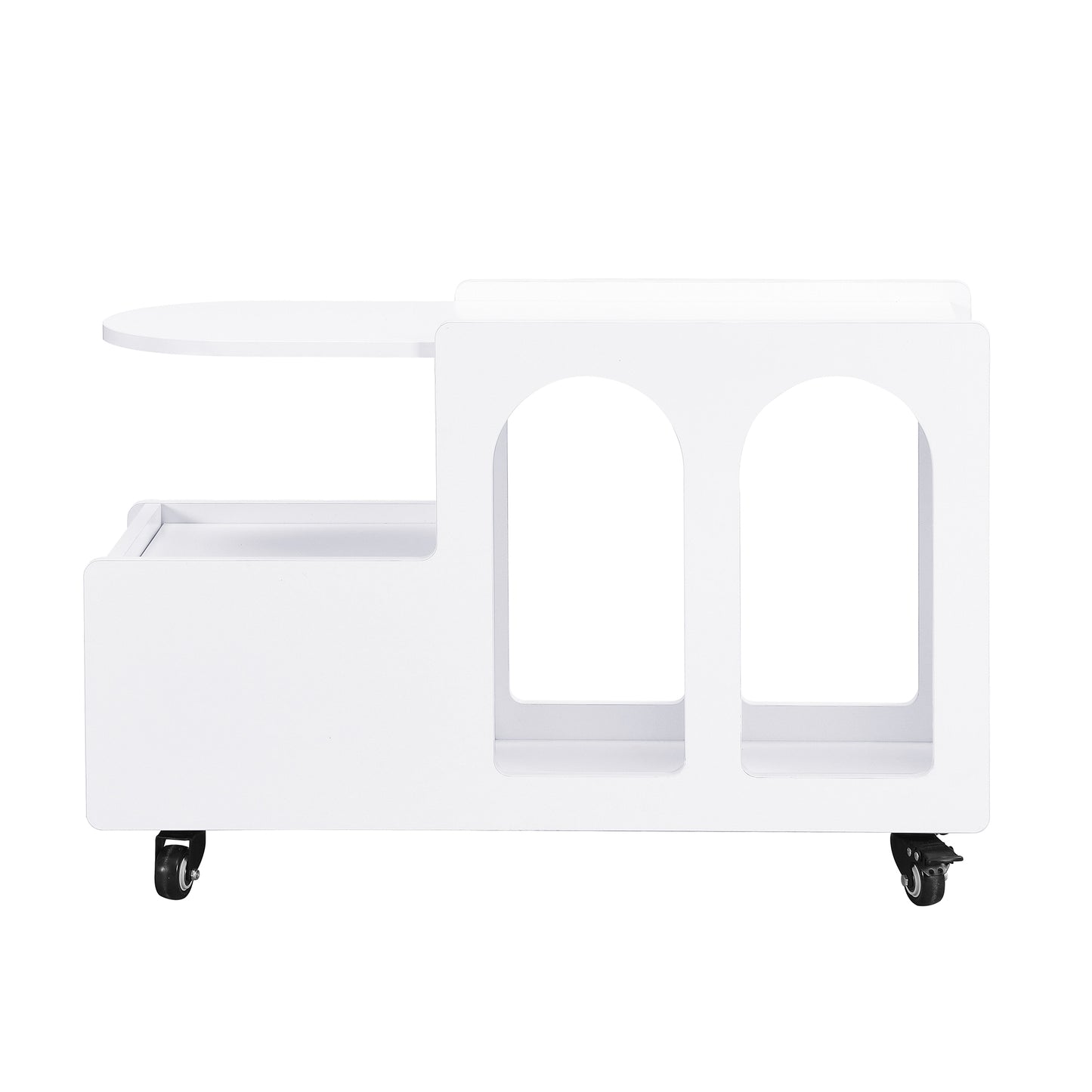 White rolling cart with rounded top shelf and two arched openings