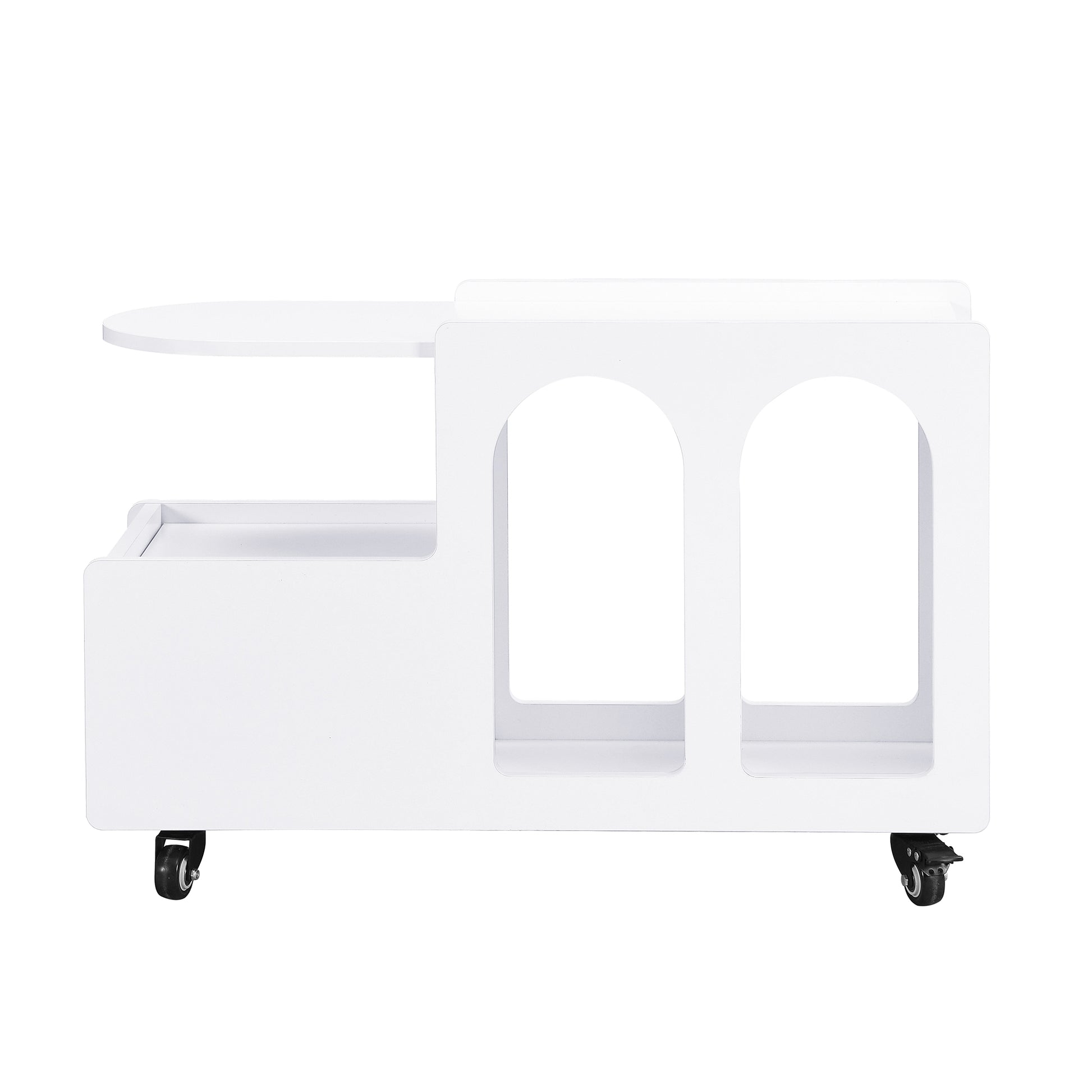 White rolling cart with rounded top shelf and two arched openings