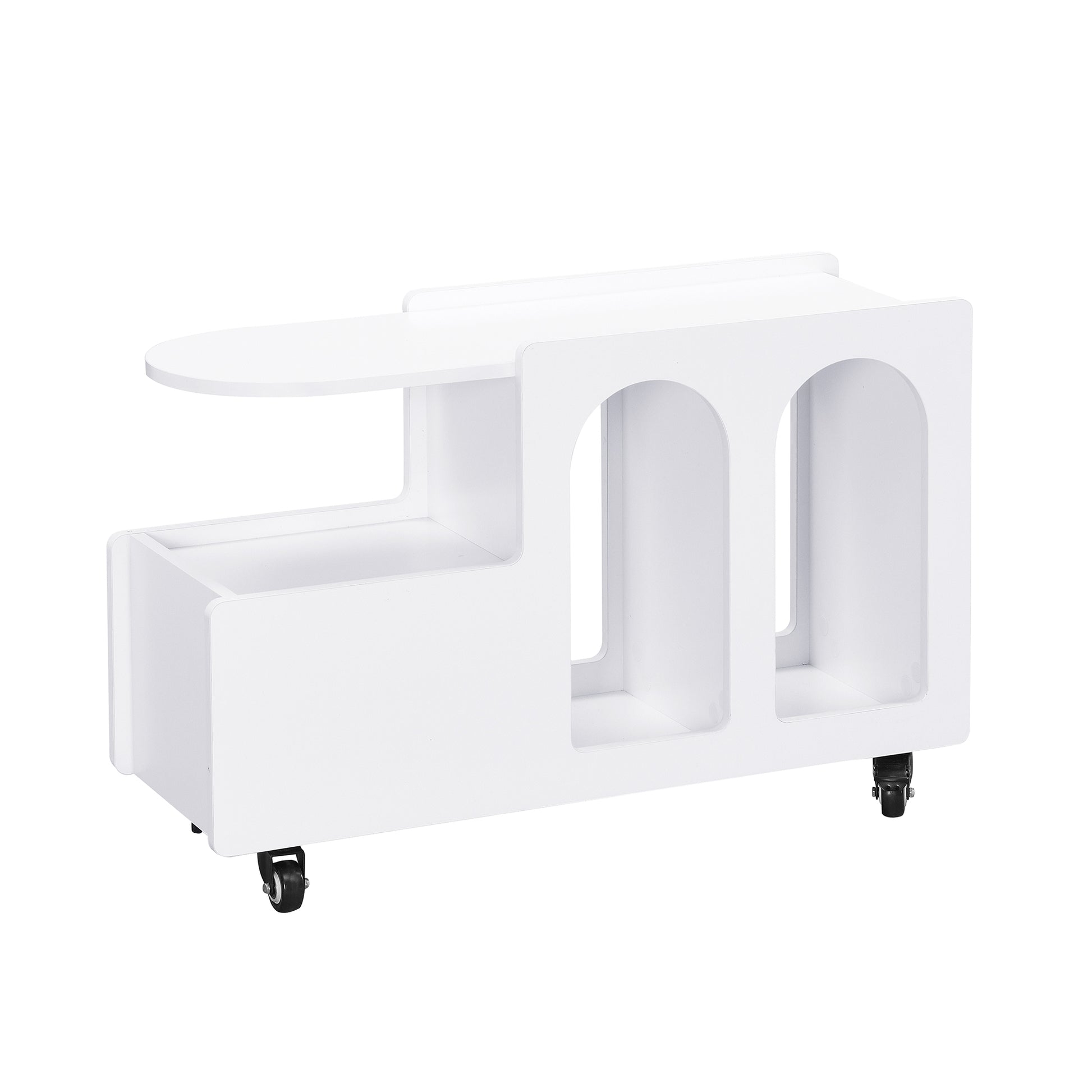 White modern side table with arched compartments and casters