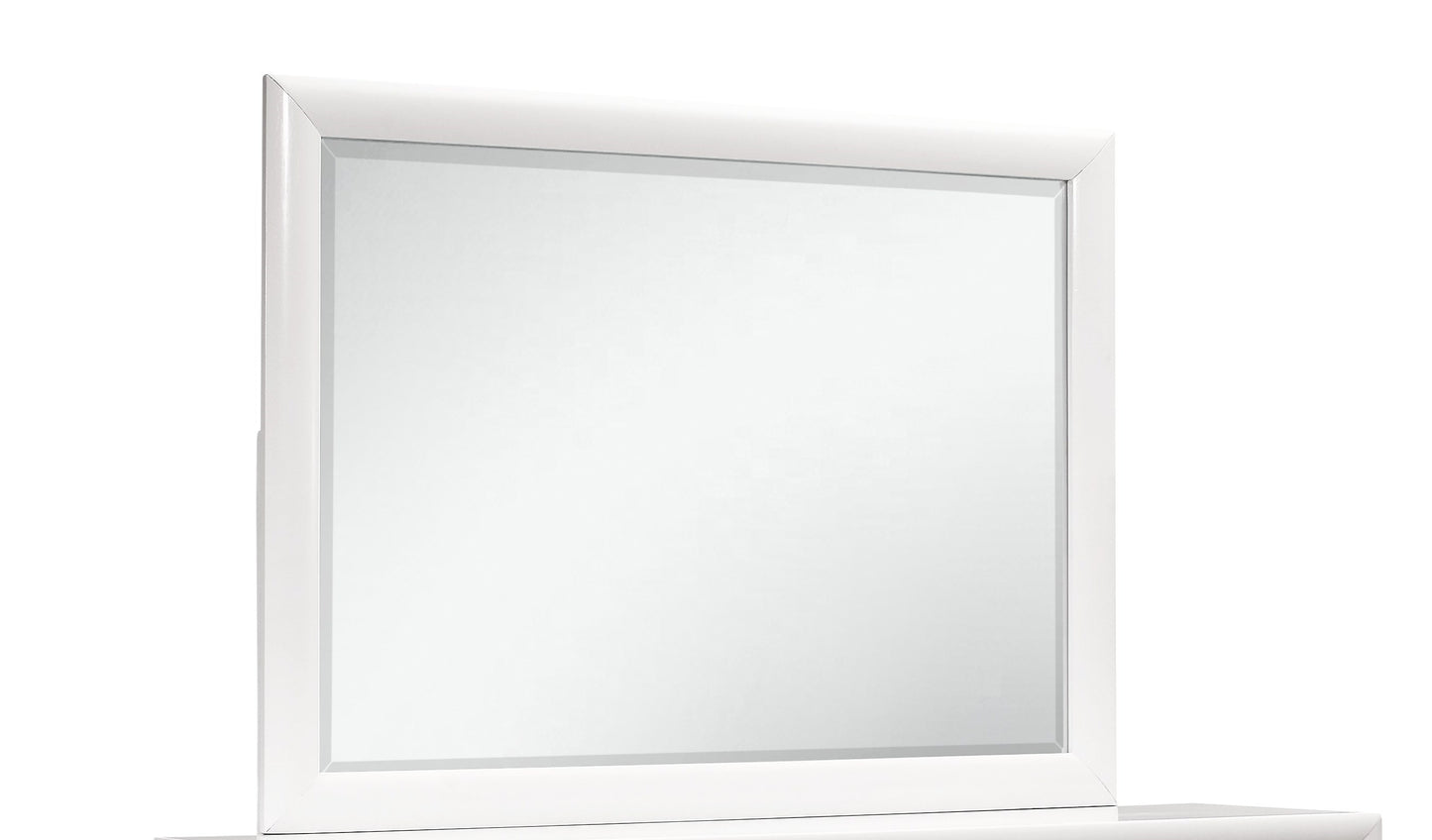 Modern white wood framed wall mirror with beveled edge glass for living room decor