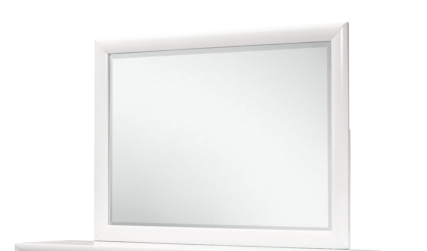 White modern vanity mirror with a beveled edge and a clean glossy frame