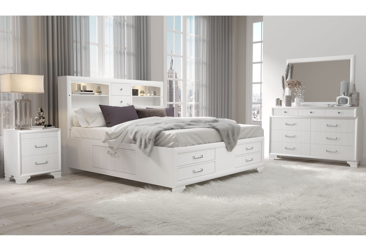 White storage bed frame with plush bedding and integrated headboard shelves