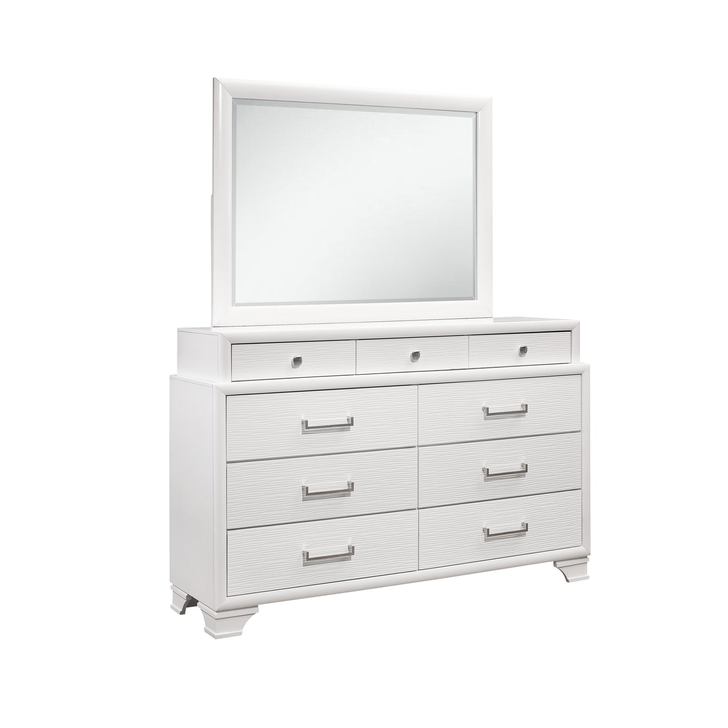 White contemporary dresser with textured drawers and silver pulls