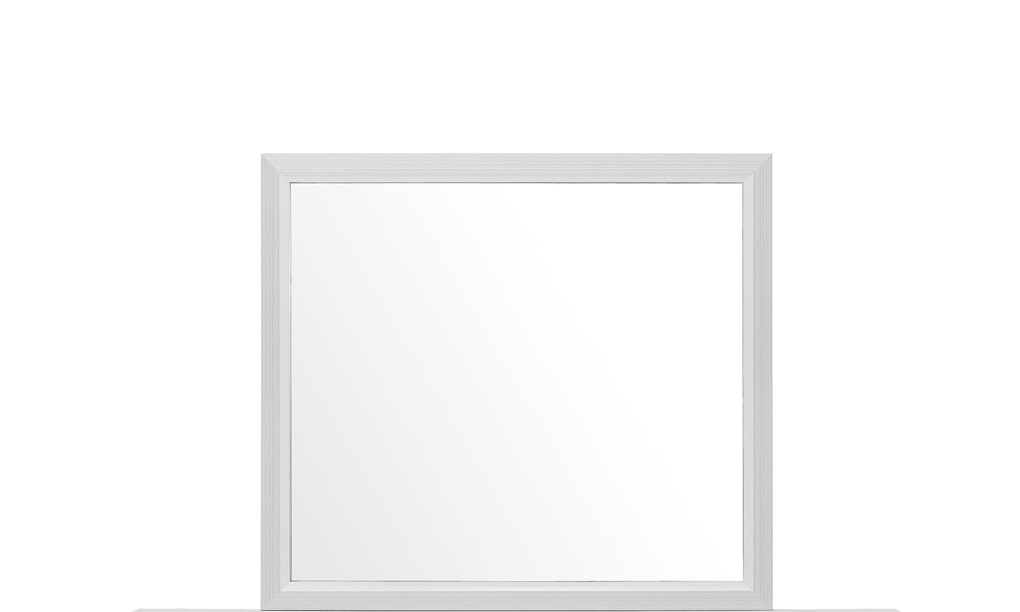 A modern white framed rectangular mirror with a textured border