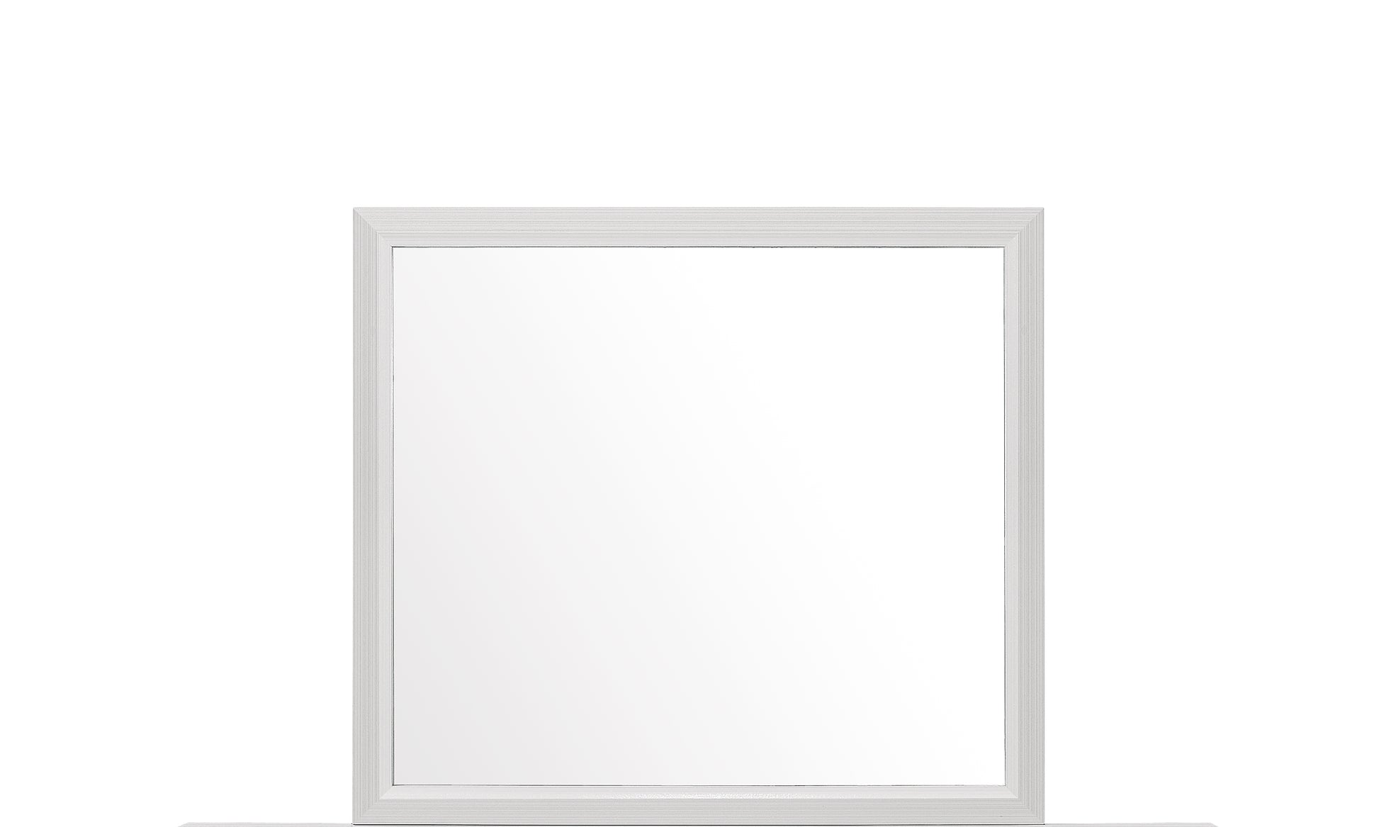 A modern white framed rectangular mirror with a textured border