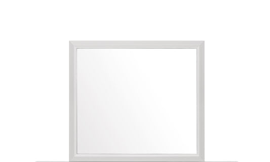 A modern white framed rectangular mirror with a textured border