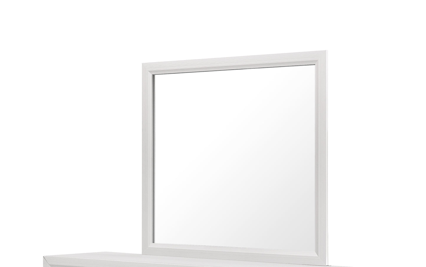 Modern white wood framed vanity mirror with textured detailing