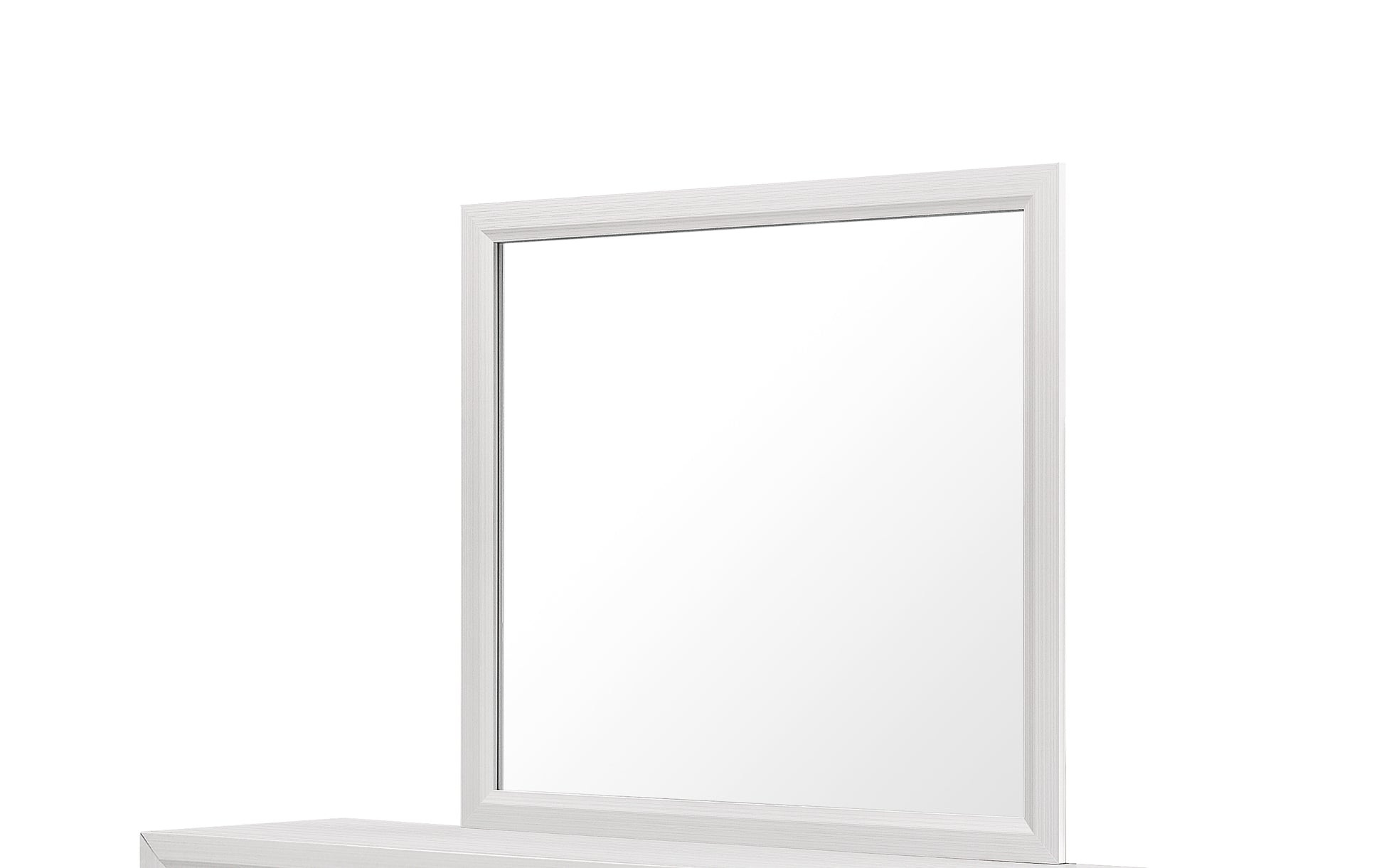 Modern white wood framed vanity mirror with textured detailing