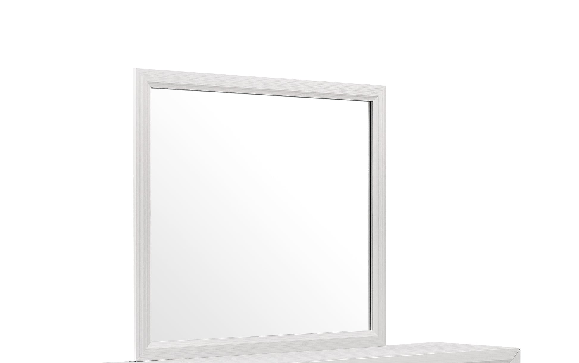 White framed wall mirror with a textured wood finish perfect for bedroom vanities
