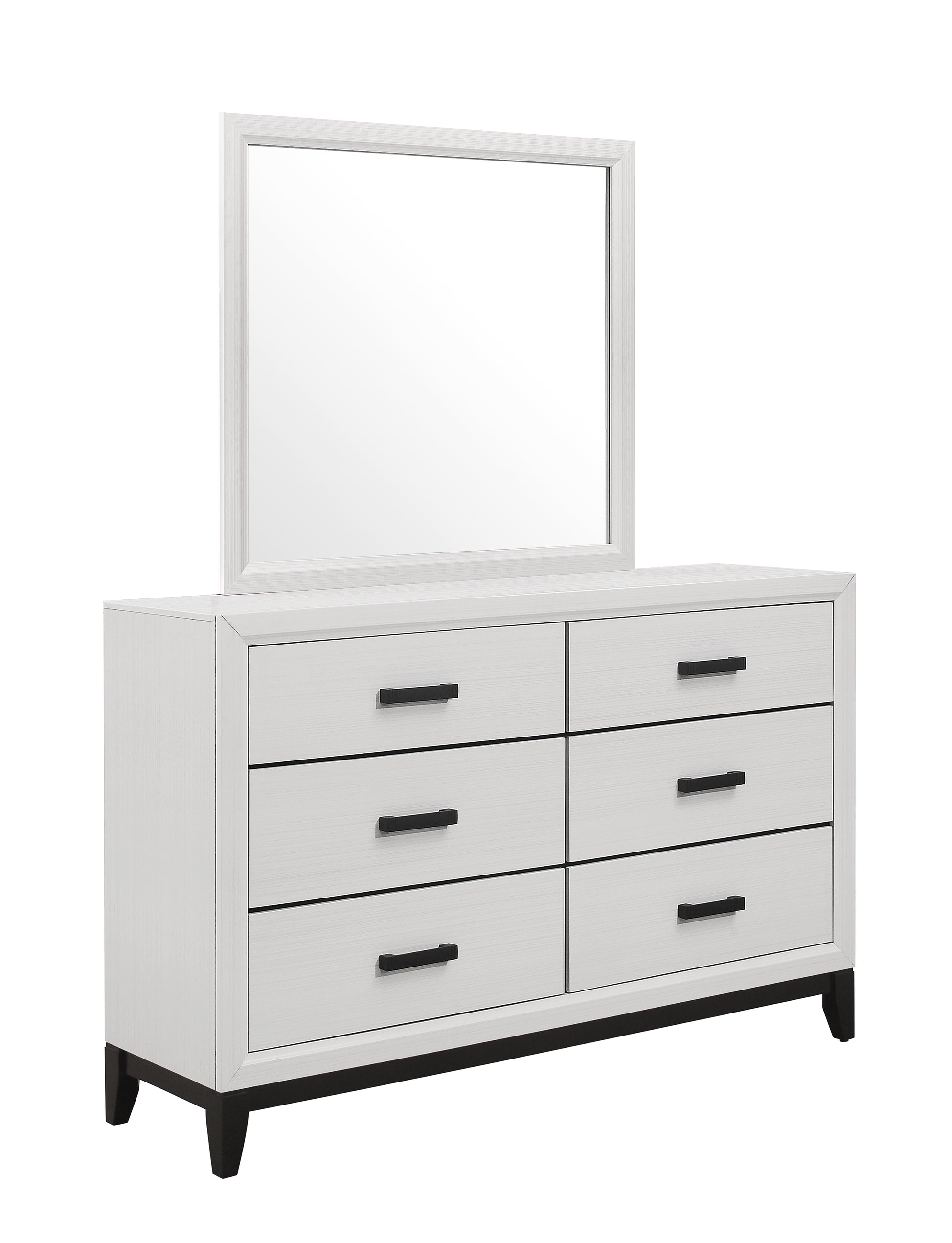 White dresser with six drawers and a large mirror featuring black handles