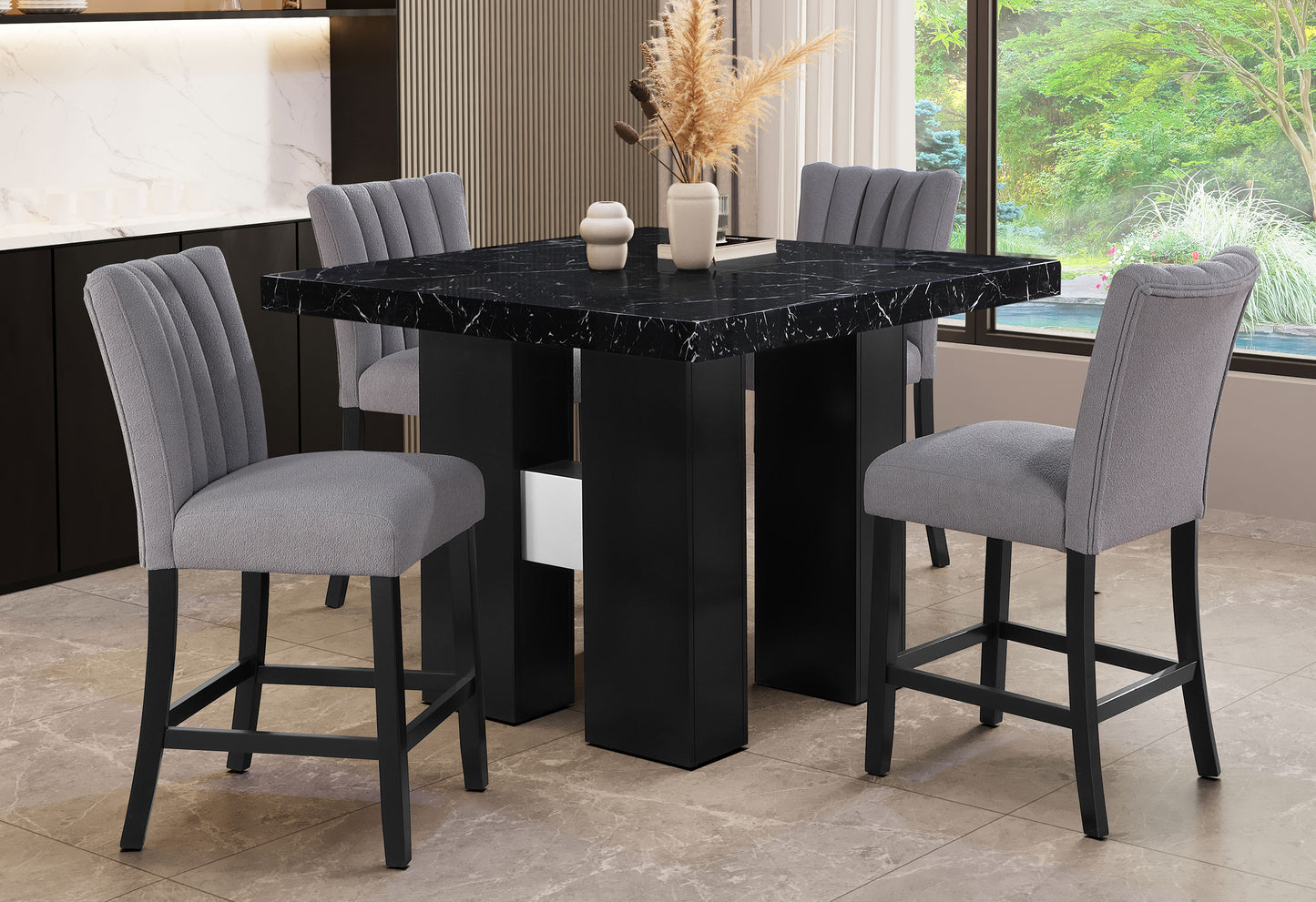 Modern square dining table with black marble top and grey tufted bar stools