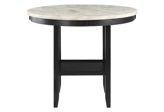Round marble top bistro table with dark wood base and shelf  characters