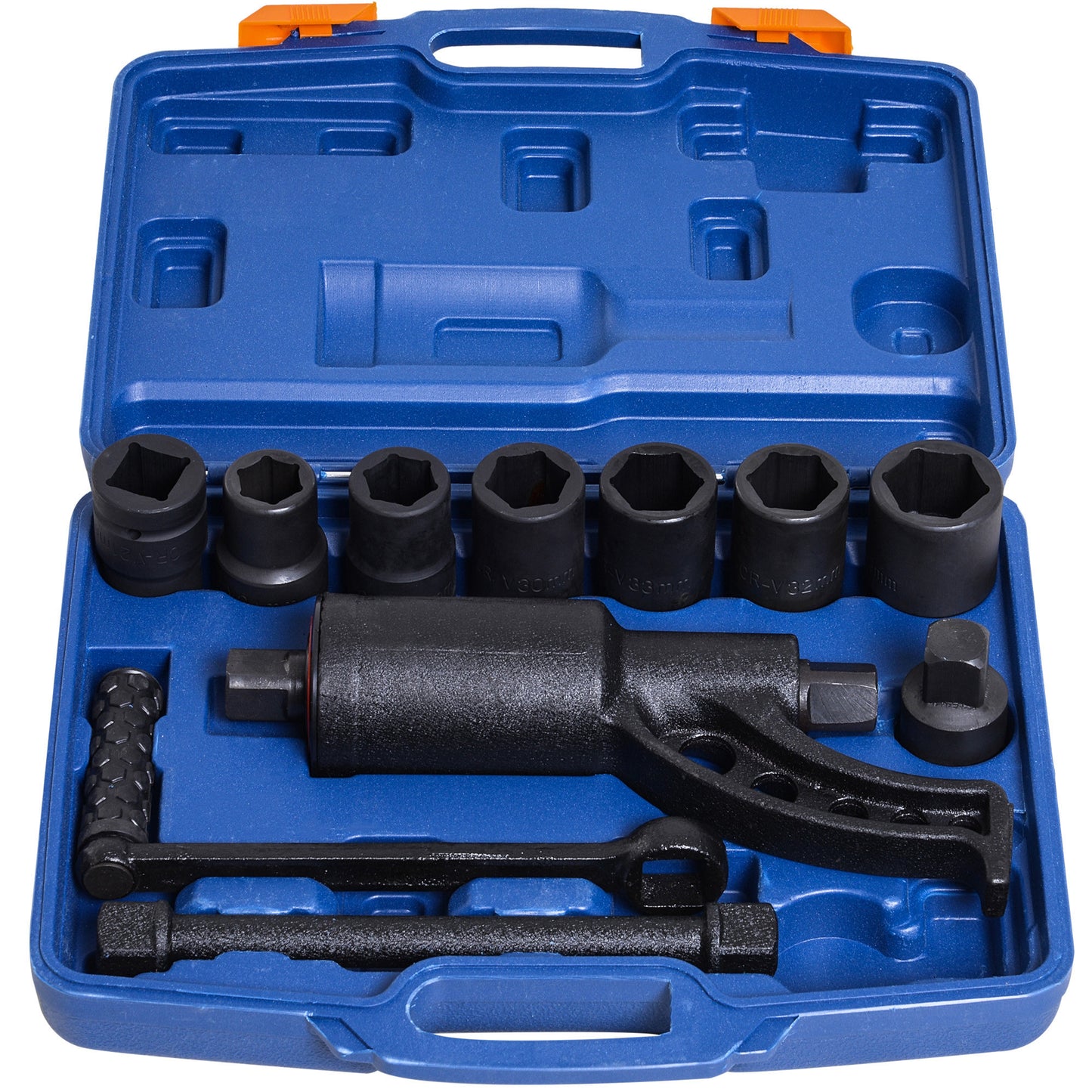 Blue impact socket set with ratchet wrench for automotive repairs
