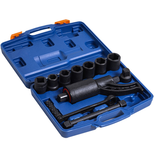 Blue case with impact socket set including torque wrench and driver