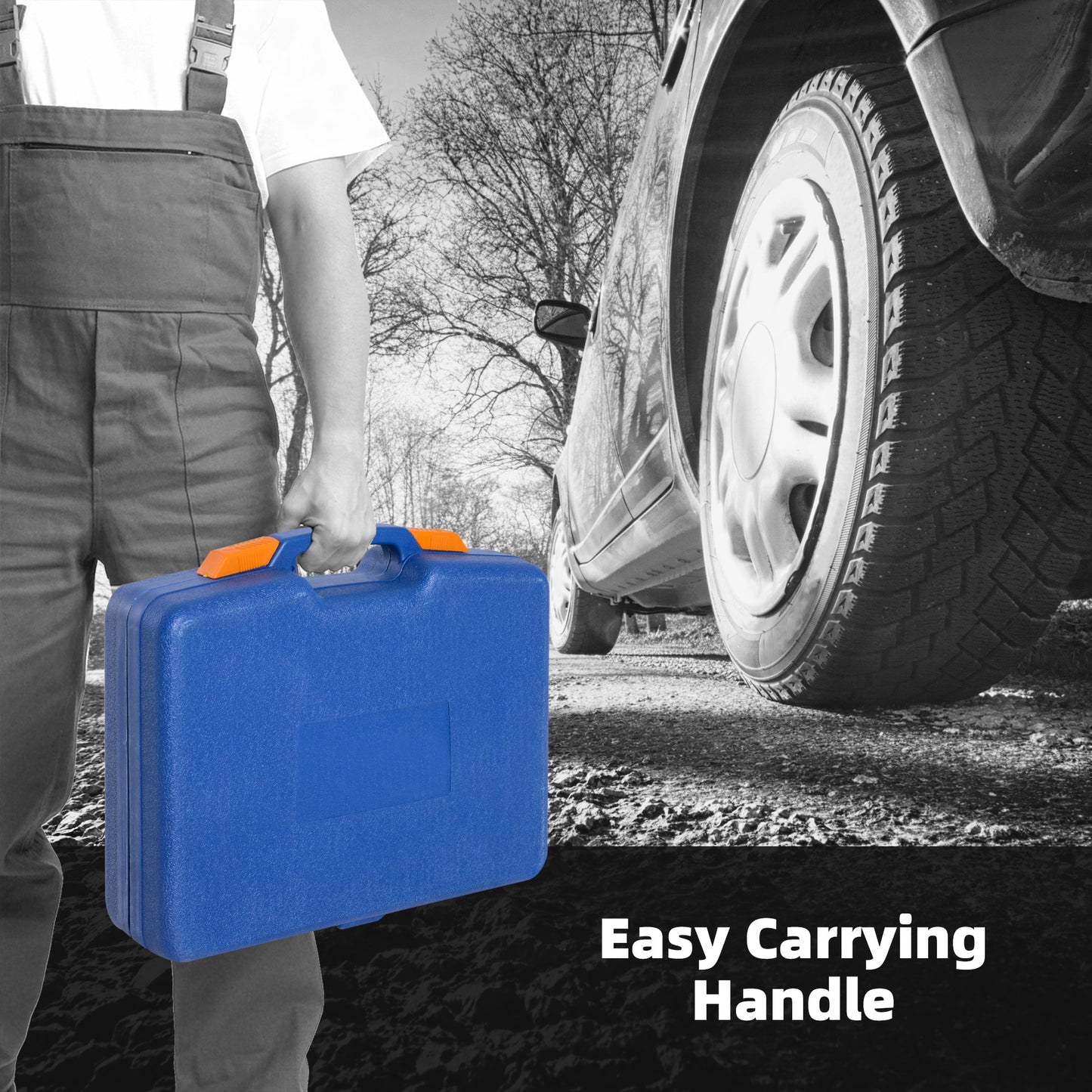 Blue plastic tool case with orange handle being carried by a person in overalls near a car wheel